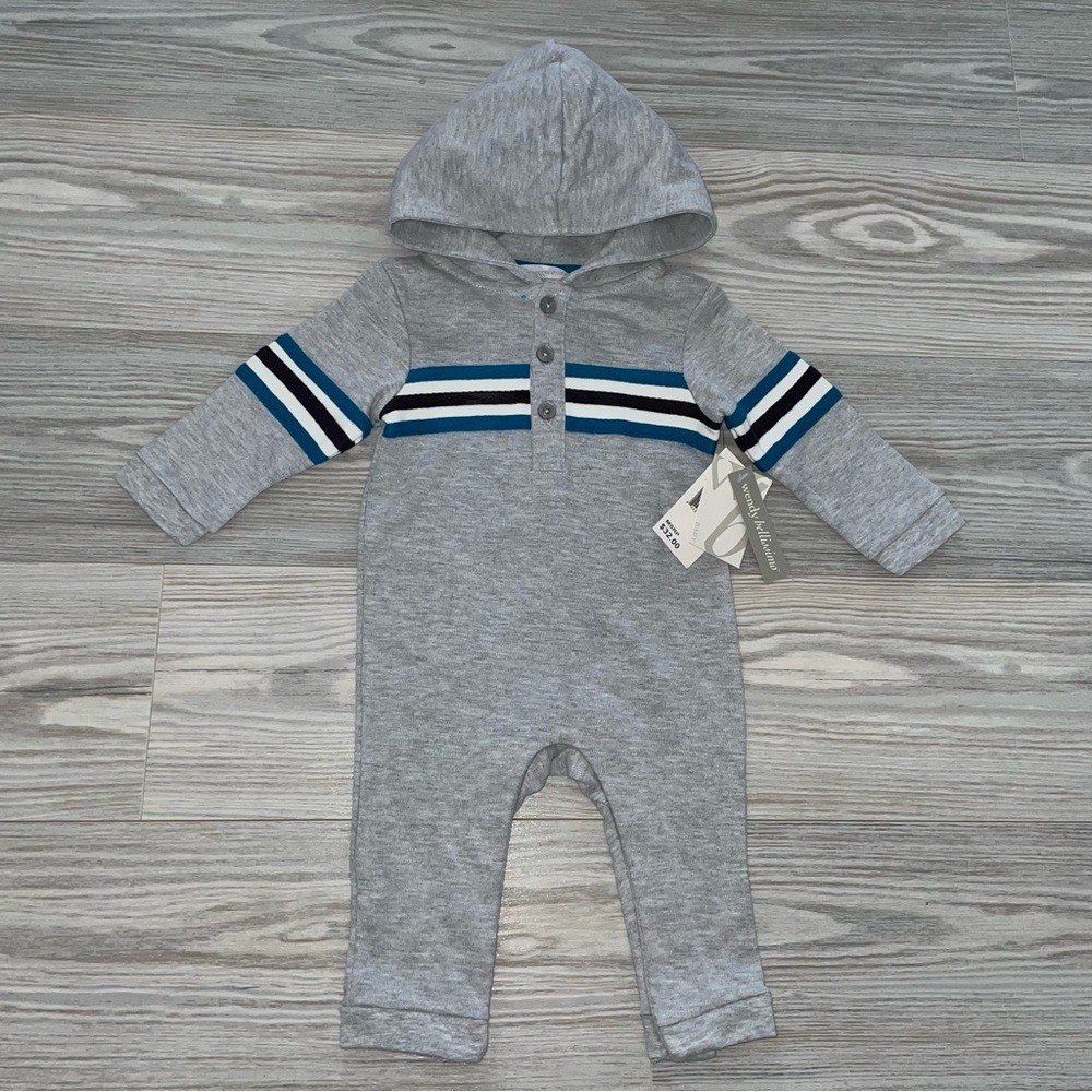 Wendy Bellissimo Baby Boys Hooded Romper 3–6 Months Gray Stripe Snap 1 PC NEW